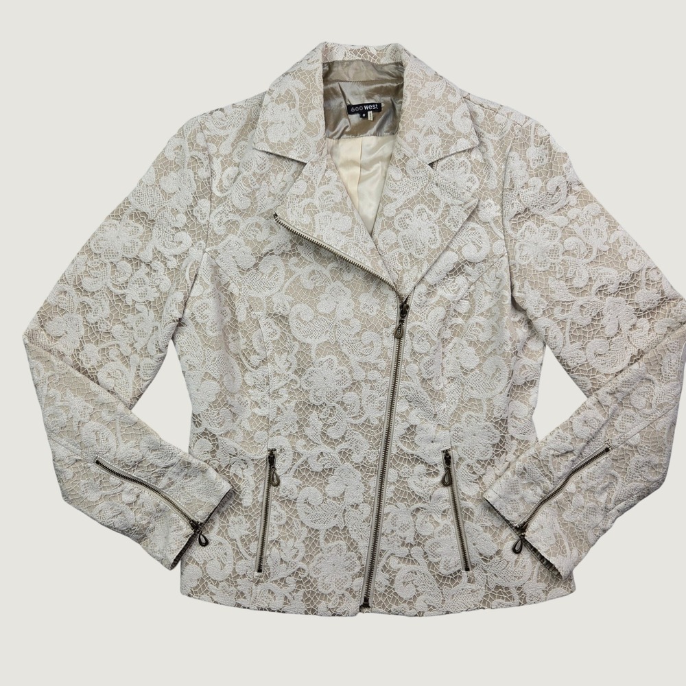600 West Lace Moto Jacket Women 8 Cream Floral Embroidered Zip Bridal Feminine